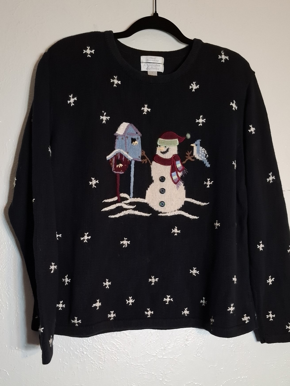 Christopher & Banks Black Snowman Embroidered Holiday Sweater